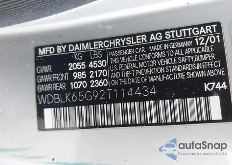 2002 Mercedes-Benz Clk 320 from USA, damaged, VIN WDBLK65G92T114434